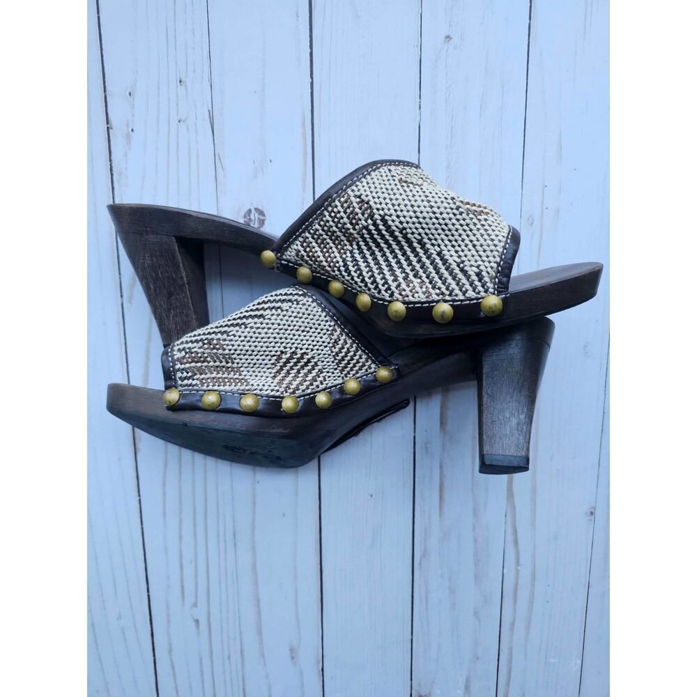 Vintage Bally Italian Wooden Platform Heels Woven Brown Studded 8.5–9 / EU 39